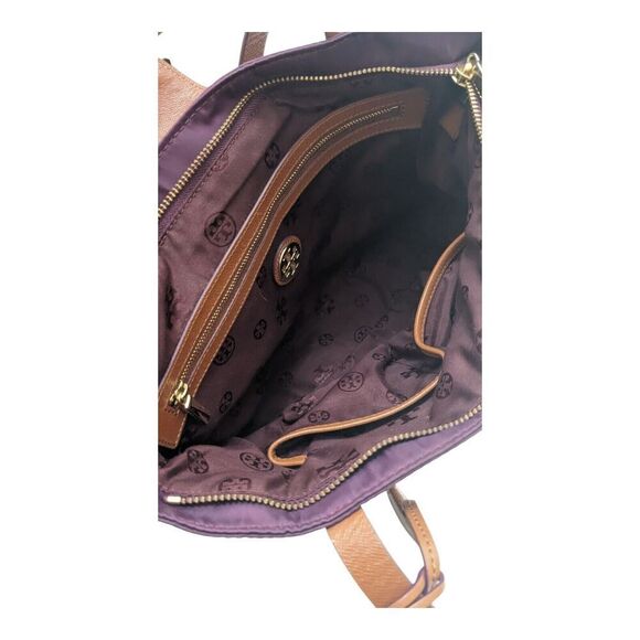 Tory Burch Purple Nylon Brown Leather Trim Double Handle Satchel Shoulder Bag - Picture 6 of 10